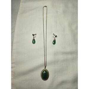 Vintage Sterling Silver 925 Oval Green Jade Necklace and Earrings Jewelry Set‎